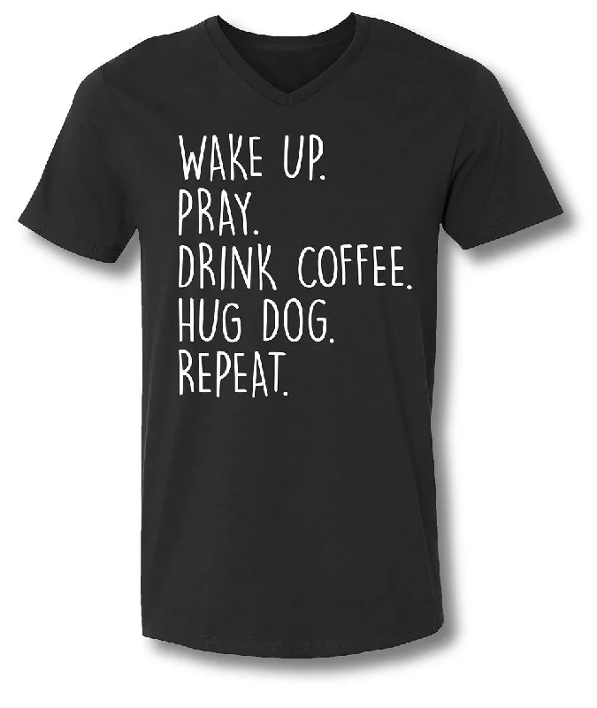 Men's short-sleeve baggy white top-SALE Sassy Frass Wake Up Pray Drink Coffee Hug Dog Repeat Bella Canvas V-Neck Bright Girlie T Shirt