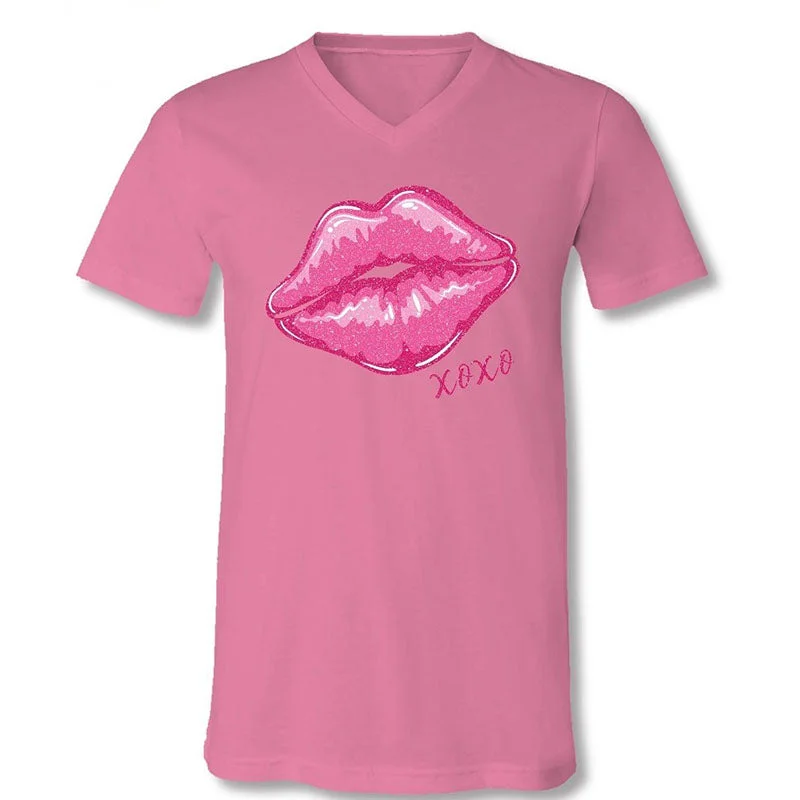 Men's short-sleeve streetwear graphic tee-Sassy Frass XOXO Glitter Lips V-Neck Canvas T-Shirt