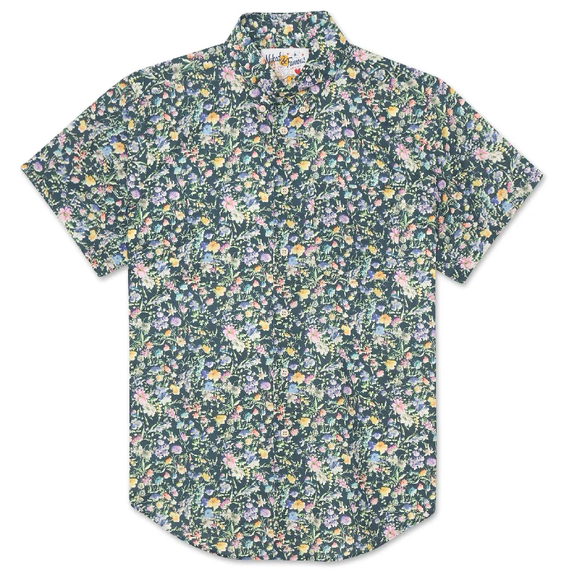 Men's short-sleeve distressed vintage shirt-Short Sleeve Easy Shirt - Flower Painting - Navy