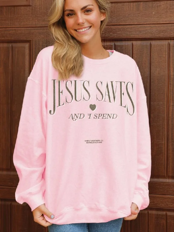 Men's short-sleeve hiking gray shirt-Simply Southern Jesus Saves Long Sleeve Crew Sweatshirt