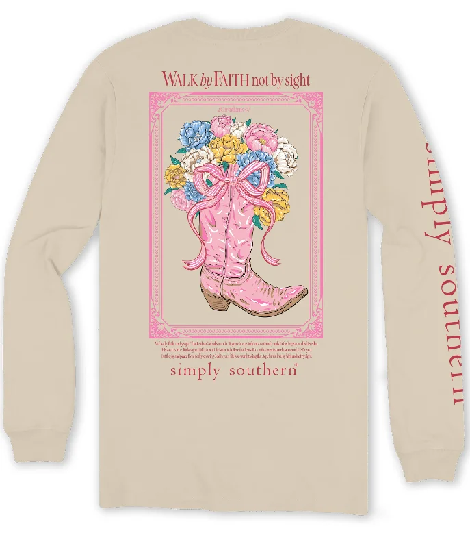 Men's short-sleeve anti-odor workout top-Simply Southern Walk By Faith Boot Flower Long Sleeve T-Shirt