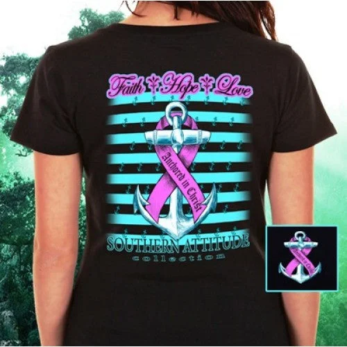 Men's short-sleeve picnic plaid top-Southern Attitude Faith Hope Anchor Breast Cancer Navy T-Shirt