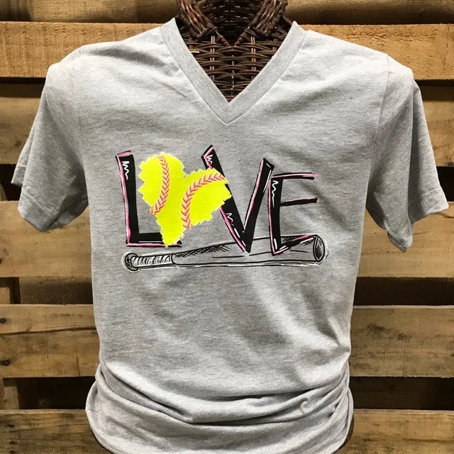 Men's short-sleeve fair-trade casual tee-Southern Chics Apparel Love Softball Canvas Girlie V-Neck Bright T Shirt