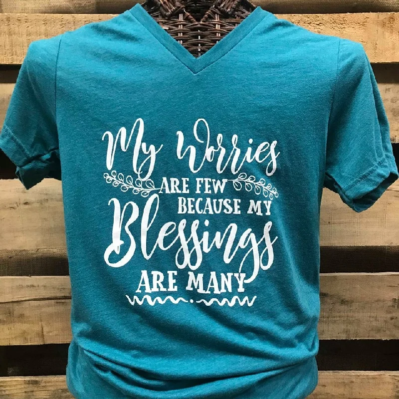 Men's short-sleeve sturdy canvas tee-Southern Chics Apparel My Worries are Few My Blessings are Many Canvas V-Neck Bright T Shirt