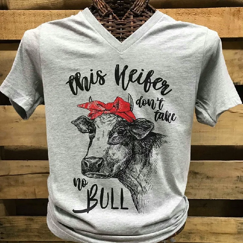 Men's short-sleeve muted tone shirt-Southern Chics Apparel This Heifer Don't Take No Bull Canvas Girlie V-Neck Bright T Shirt