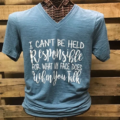 Men's short-sleeve pastel blue shirt-Southern Chics Can't be Held Responsible for what my Face does when you Talk Canvas Girlie V-Neck Bright T Shirt