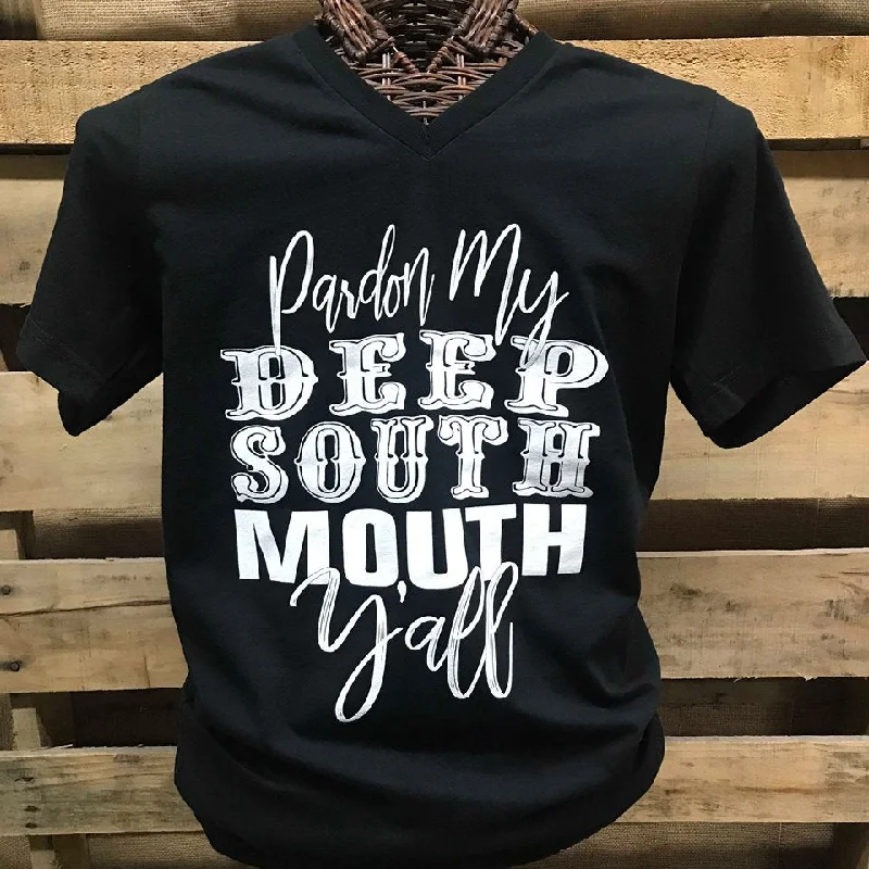 Men's short-sleeve slate gray workout shirt-Southern Chics Pardon my Deep South Mouth Y'all Canvas Girlie V-Neck Bright T Shirt