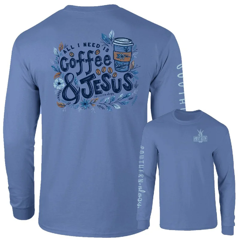 Men's short-sleeve lavender graphic shirt-Southernology Coffee and Jesus Comfort Colors Long Sleeve T-Shirt