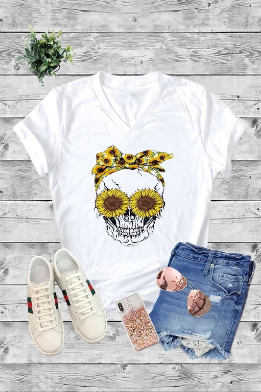 Men's short-sleeve sailing navy top-Sunflower Skull Skeleton Halloween Canvas Girlie V-Neck T Shirt