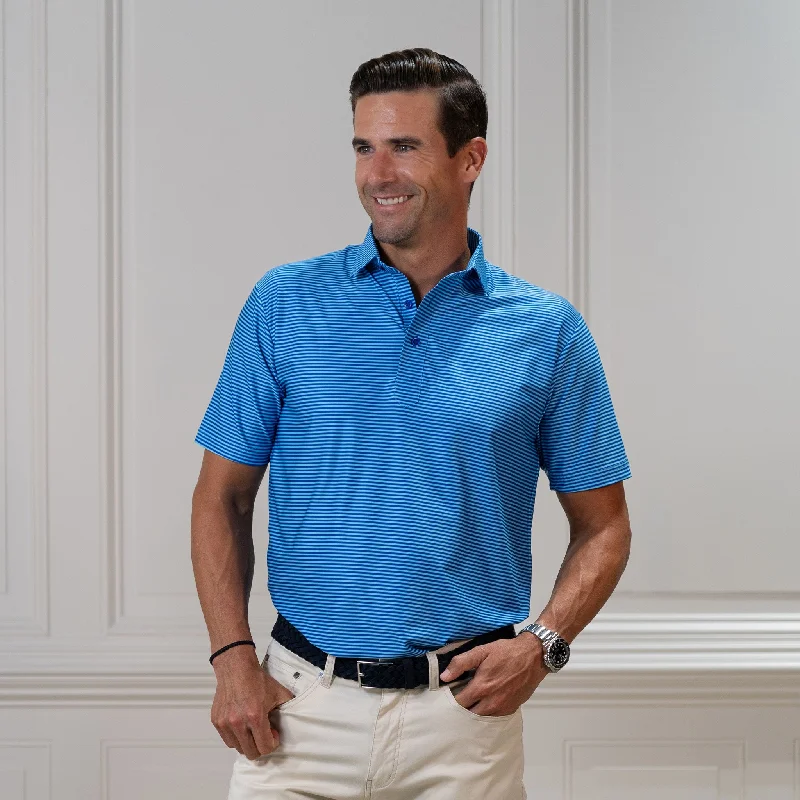 Men's short-sleeve boxy black tee-Featherweight Flex Polo Griffin Turquoise with Blue Stripe