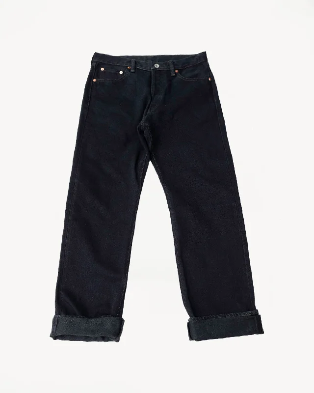 men's straight leg pants-IH-634S-B - 21oz Selvedge Denim Straight Cut Jeans - Indigo Overdyed Black