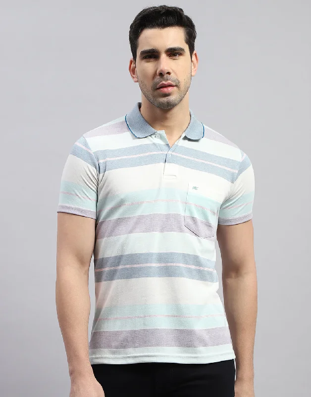 Men's short-sleeve breathable mesh tee-Men Blue Stripe Polo Collar Half Sleeve T-Shirt