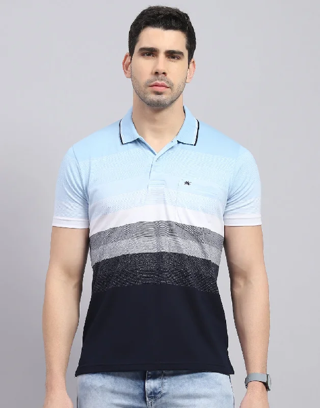 Men's short-sleeve fair-trade casual tee-Men Blue Stripe Polo Collar Half Sleeve T-Shirt