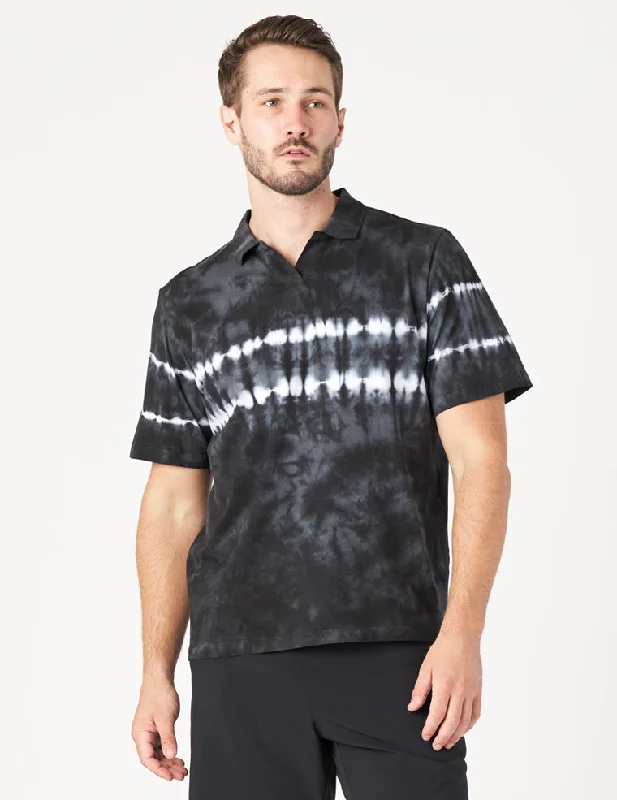 Men's short-sleeve concert black top-Owen Polo: Black Tie-Dye Stripe