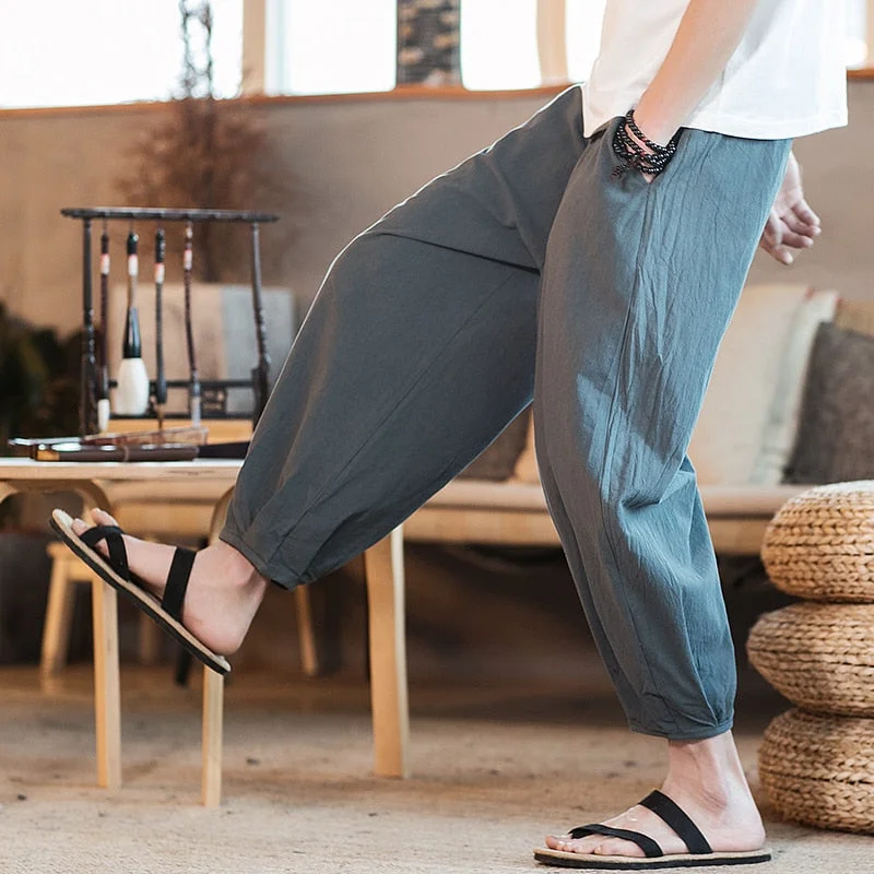 men's pleated blue pants-Plus size M- 6XL 7XL Summer Men Ankle-Length Cotton Linen Pants Sweatpants Streetwear Men wide leg Pants Bloomers Trousers