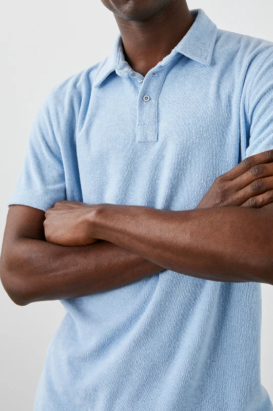 Men's short-sleeve earthy brown top-RHEN POLO SHIRT - TERRY CHAMBRAY BLUE