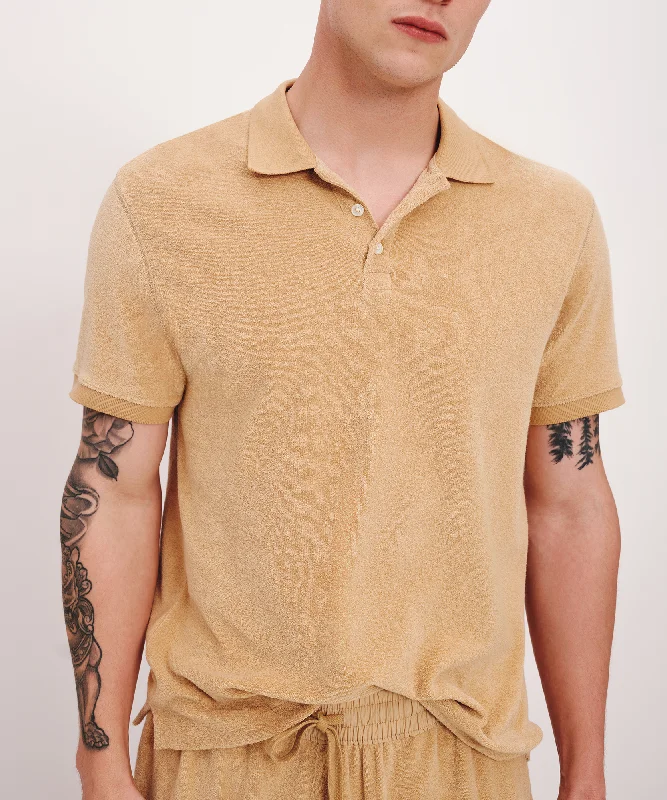 Men's short-sleeve weekend beige top-Towel Terry Short Sleeve Polo - Sand Castle