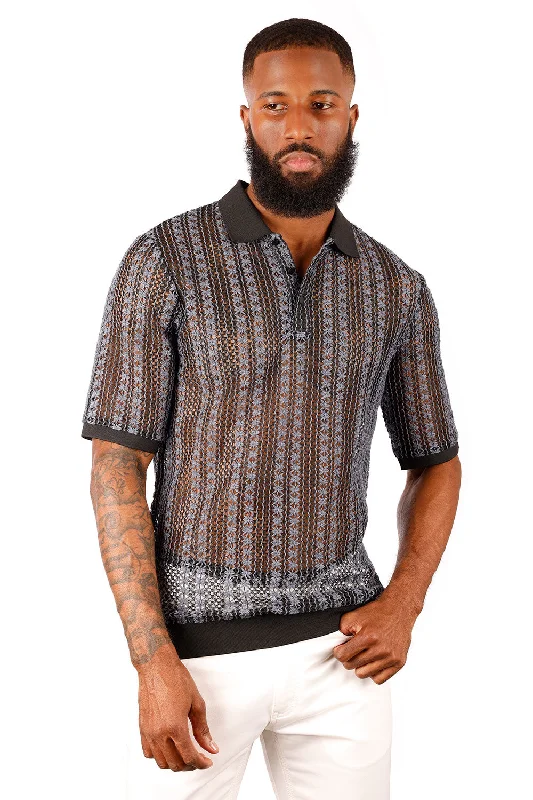 Men's short-sleeve boxy black tee-Twine Motif Polo Shirt